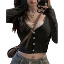 Lamuusaa y2k Crop Top Sweet Aesthetic Clothes Women Lace Patchwork Long Sleeve T Shirt with Bow Decor 2000s Clothing Streetwear