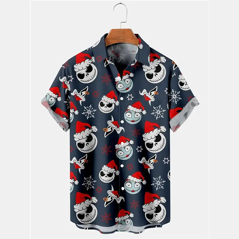 Skull Goth Men's Shirt Casual Weekend Fall Men's Lapel Top Short Sleeve Shirt Four-Way Stretch Comfortable Christmas Shirt