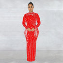 CM.YAYA Women Mesh Tassel Long Sleeve Diamonds Hot Rhinestones Bodycon Midi Maxi Long Dress and Tank Inner Dresses 2piece Suit