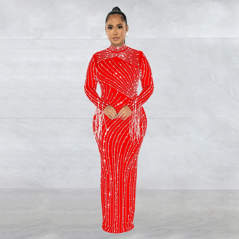 CM.YAYA Women Mesh Tassel Long Sleeve Diamonds Hot Rhinestones Bodycon Midi Maxi Long Dress and Tank Inner Dresses 2piece Suit