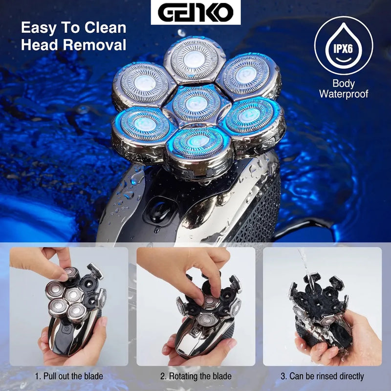 GENKO New Electric Shaver For Men High Quality 7D Independently Electric Razor Waterproof Bald Shaving Machine With Clipper