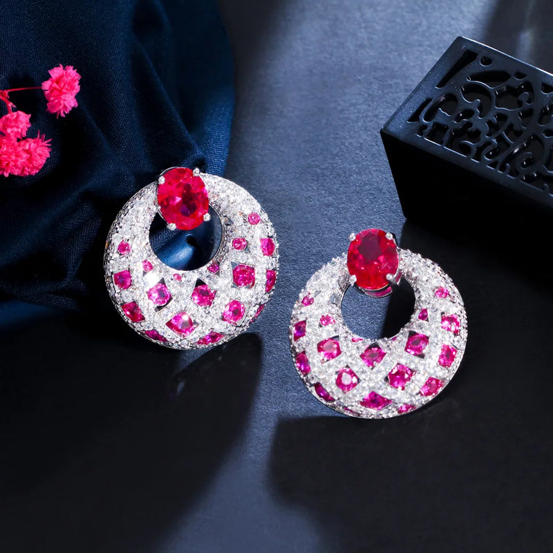 CWWZircons Top Hot Pink Red Cubic Zirconia Stone Women Round Big Party Wedding Drop Earrings Luxury Festive Jewelry CZ317