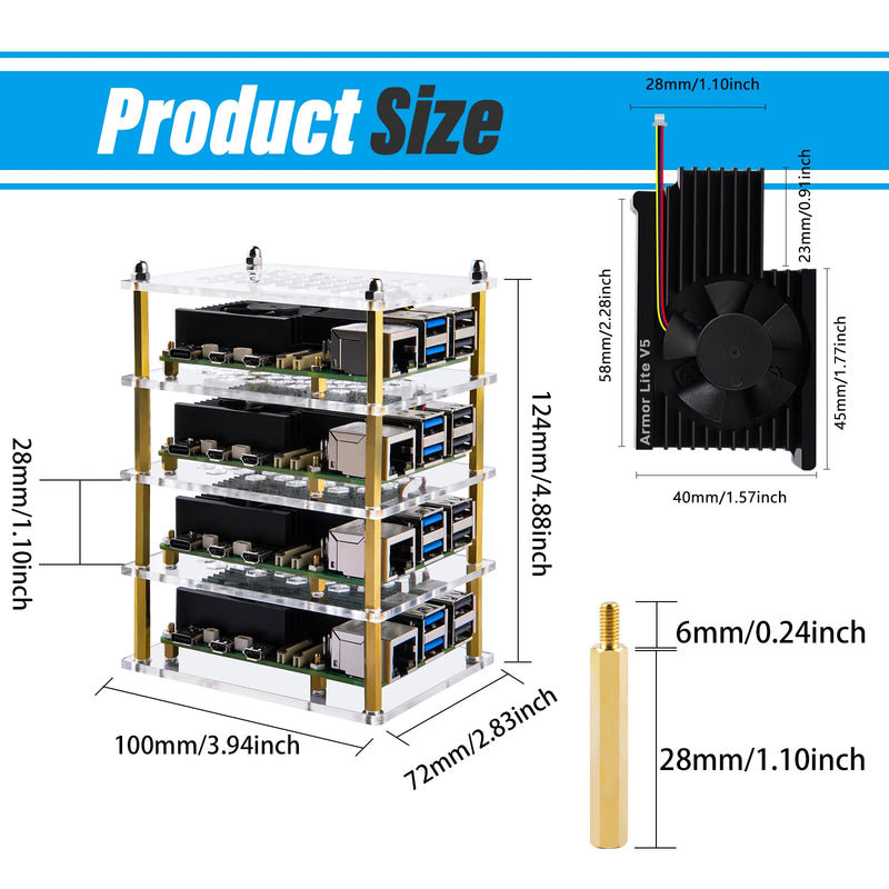 52Pi  Raspberry Pi 5 4 Layers Acrylic Case with Armor Lite V5 Heatsink for Raspberry Pi 5