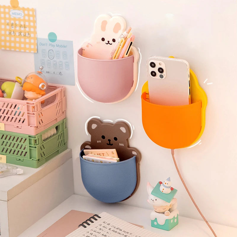 Kawaii Cartoon Bear Bunny Pen Holder Cute Storage Rack Self Adhesive Cosmetics Brushes Holder Korean Stationery Desk Organizer