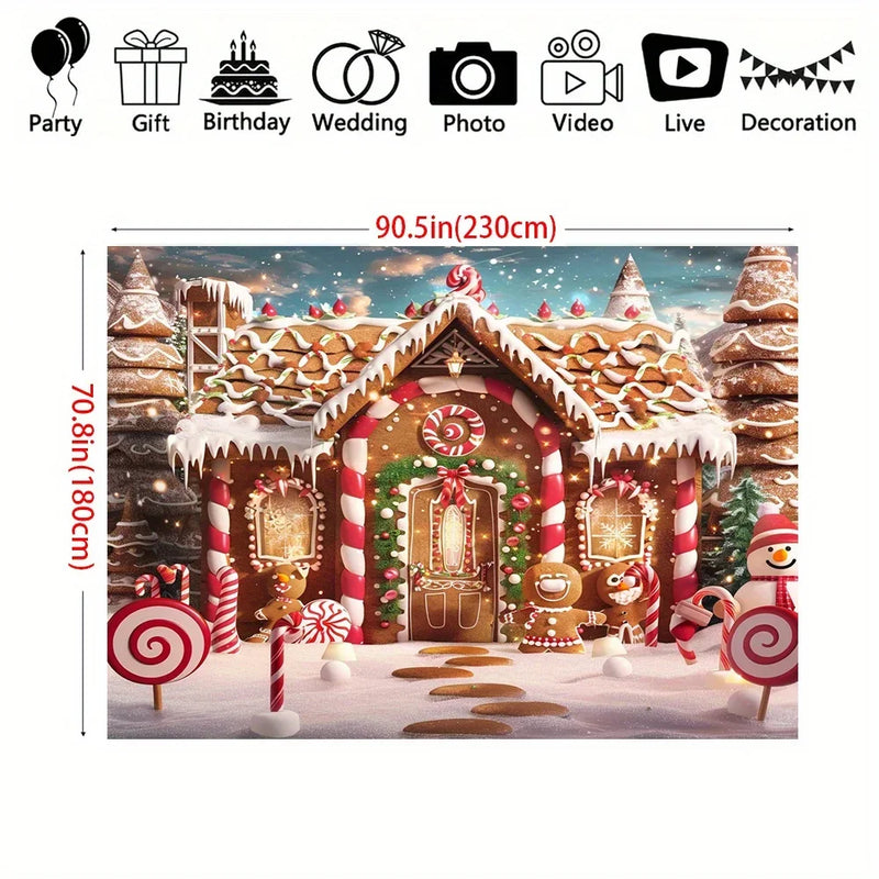 Merry Christmas Gingerbread House and Snow Tree Background Cloth - Indoor and Outdoor Photography Background Banner