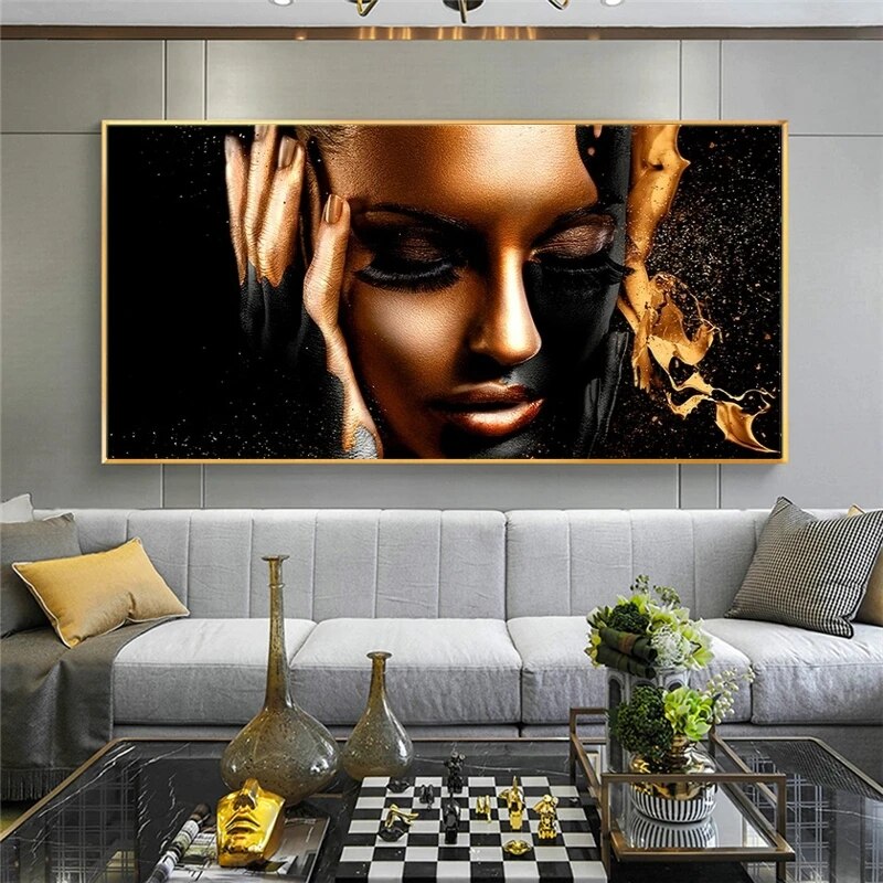 Large Size Black Gold Nude African Woman Oil Painting on Canvas Posters and Prints Modern Art Wall Pictures for Home Living Room