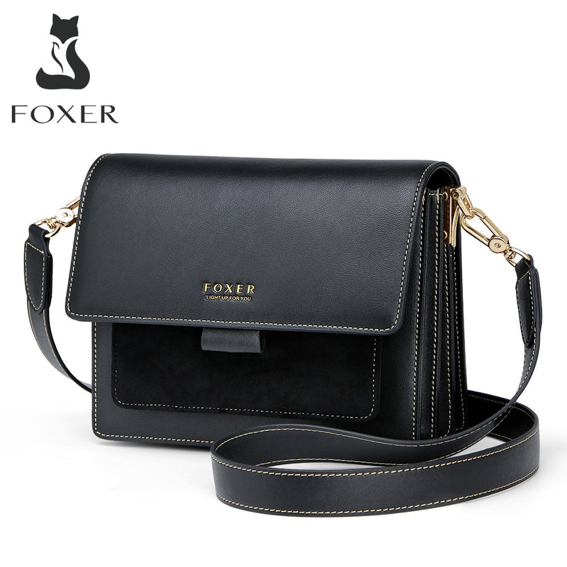 FOXER Women Organ Bag Split Cow Leather Crossbody Shoulder Bags Female Fashion Messenger Bag Small Lady Flap Purse Gift for Girl