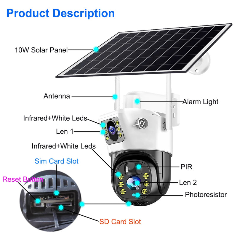 4MP/8MP 4G Camera With Solar Panel V380 Pro Outdoor Surveillance IP Camera Support Color Night Vision PIR Motion Detection Cam