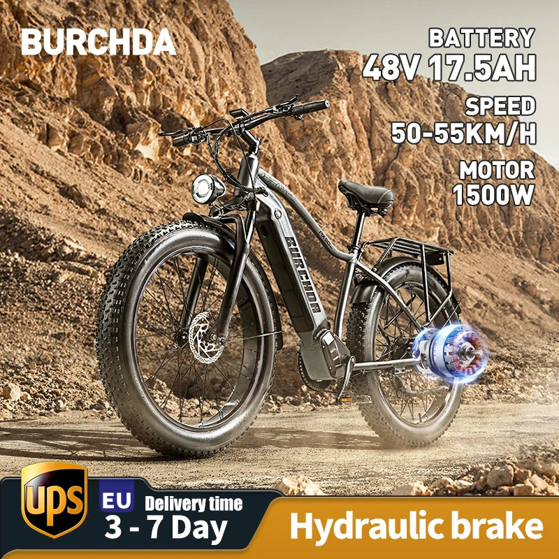 BURCHDA RX50 1500W50KM/H Mountain Electric Bicycle 48V17.5AH Lithium Battery Fatbike 26 Inch Electric Bike For Adults Motorcycle
