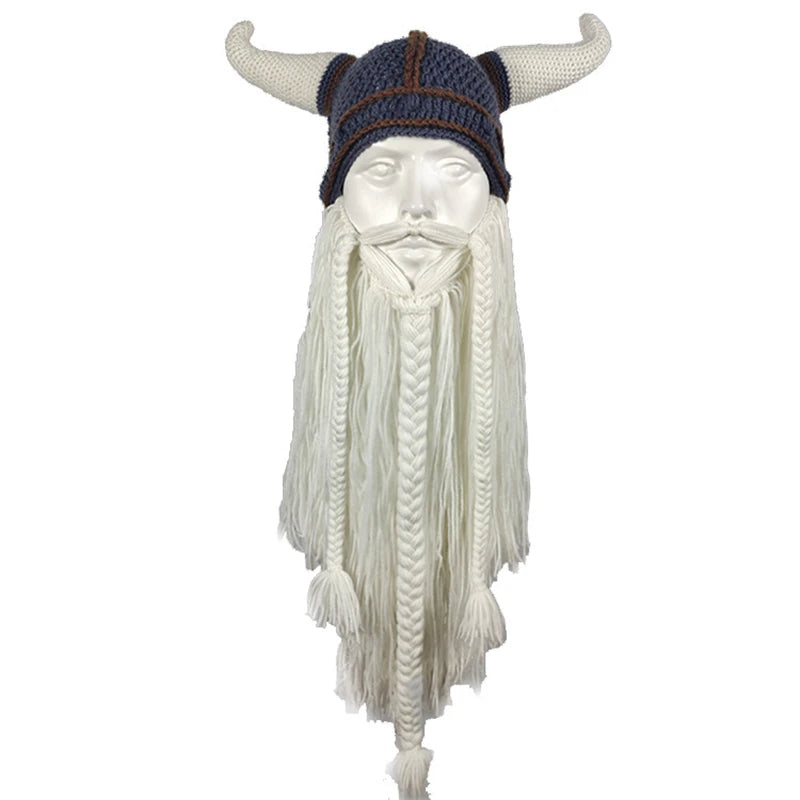 Viking Horn Hat Mask Men Bearded Funny Caps Winter Hand Weave Men Christmas Cosplay Party Funny Tricky Headgear Warm Beanie Caps