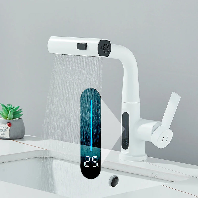 White Bathroom Basin Faucet with Temperature Digital Display Lift Up Crane Pull Out Waterfall Spout Hot Cold Sink Mixer