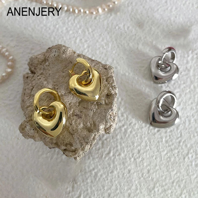 ANENJERY Removable Love Heart Hoop Earrings for Women Exquisite Design Ear Buckle Huggies Golden Silver Color Party Jewelry