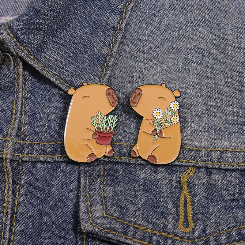 Wholesale Cute Capybara Enamel Pins Cartoon Animal Hard Metal Brooches Shirt Backpack Lapel Badge Jewelry Gift for Kids Friends