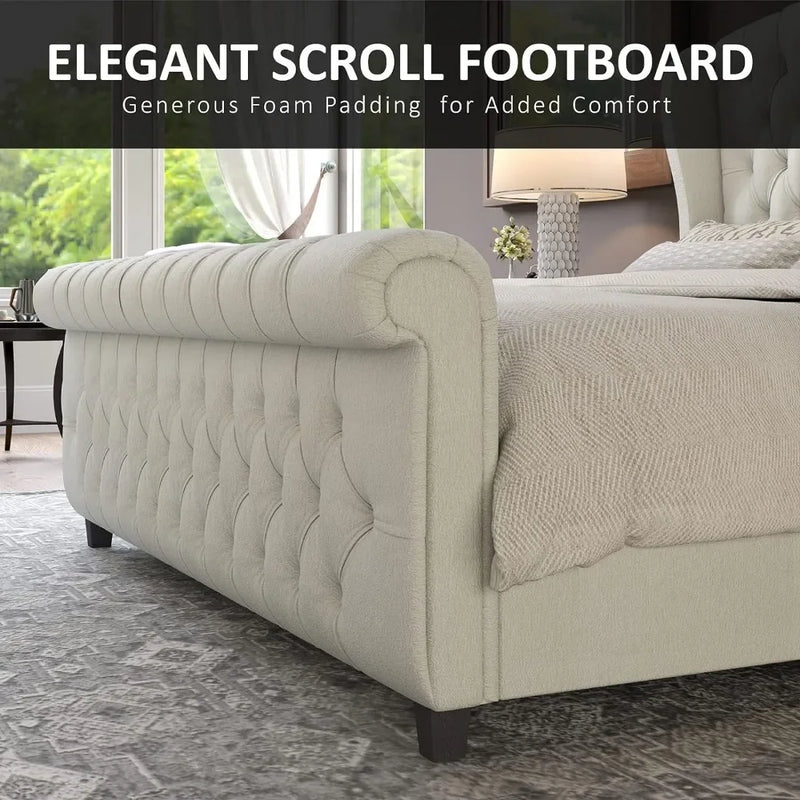 Queen Size Bed Frame, Chenille Upholstered Sleigh Bed with Scroll Wingback Headboard & Footboard/Button Tufted, Queen Bed Frame