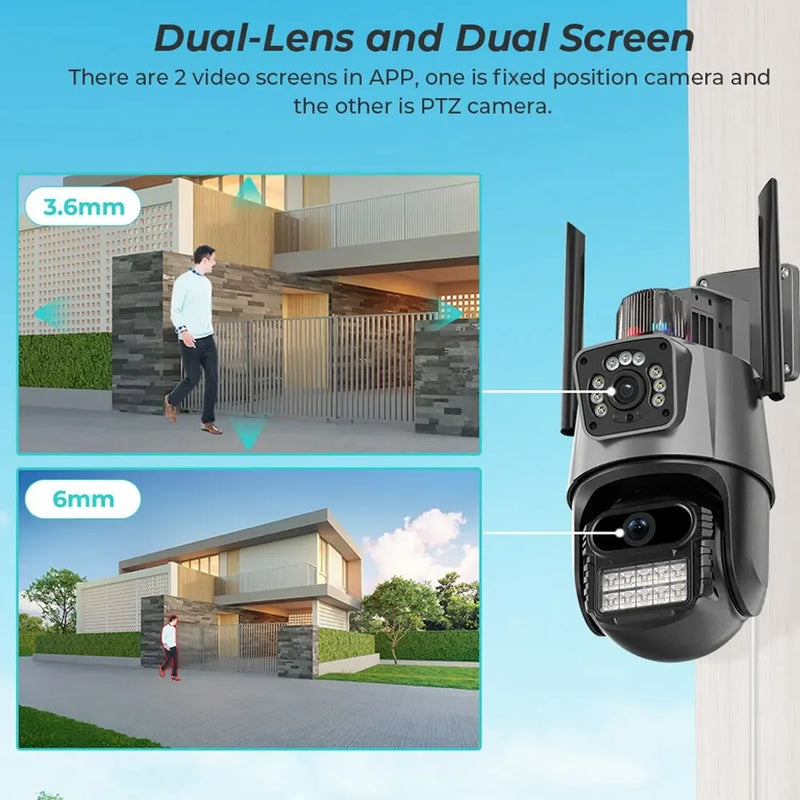 8MP 4K IP Camera Dual Lens Dual Screen PTZ Wifi Camera Outdoor Waterproof Security Video Surveillance Camera Police Light Alarm