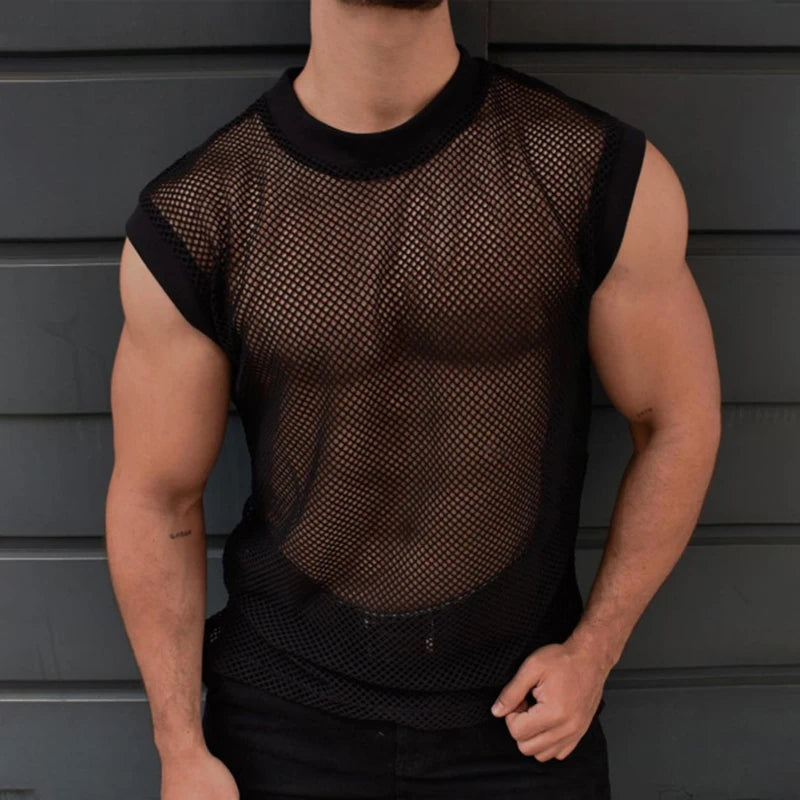 Sexy See Through Mesh Tank Tops Men Summer Fashion O Neck Loose Camisoles Mens Casual Breathable Hollow Out Sleeveless T Shirts