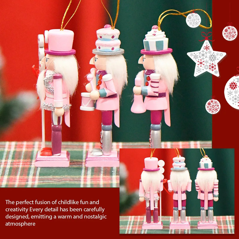 3Pcs 12cm Cartoons Nutcracker Puppet Ornaments Desktop Decoration Soldiers Band Dolls Pink Cake Candy Style Christmas Gift