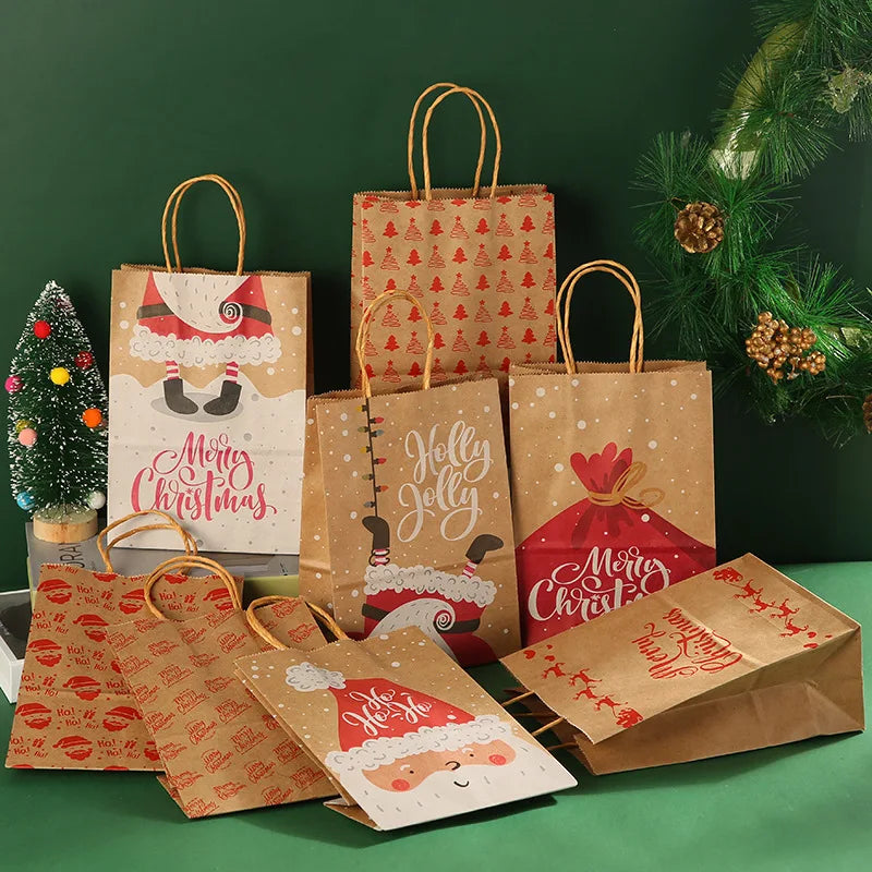 StoBag 5pcs Merry Christmas Kraft Paper Gift Bags Packaging Handmade Candy Biscuit Chocolate  New Year Kids Party Favors Suppli