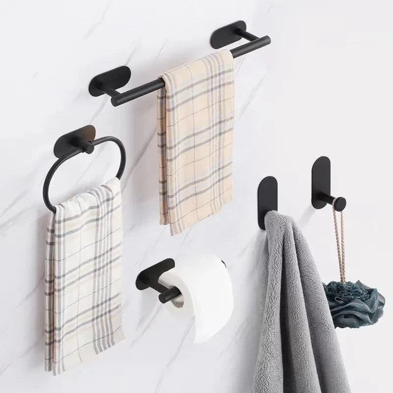 No Drilling Bathroom Hardware Set Gold Towel Bar Rack Towel Rail Black Towel Ring Toilet Paper Holder Wall-mounted Robe Hook