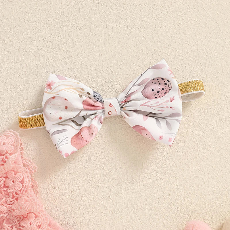 Toddler Girls Floral Print Romper Dress with Lace Ruffles and Matching Headband for Easter Celebration and Photoshoots