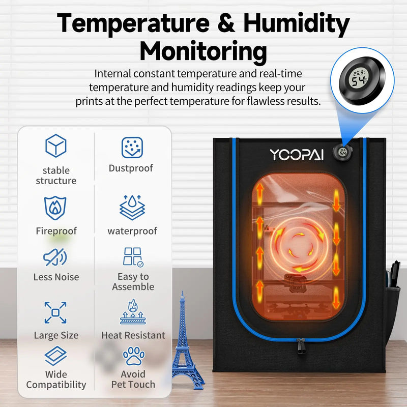 YOOPAI 3D Printer Enclosure with LED Light Thermo-Hygrometer Ventilation Kit Premium Fireproof Dustproof Constant Temperature