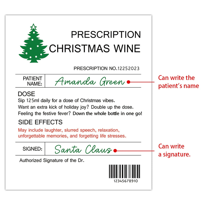 6pcs Hilarious Prescription Wine Labels,Festive Christmas Tree Design,Novelty Wine Bottle Stickers for Birthday,Anniversary Gift