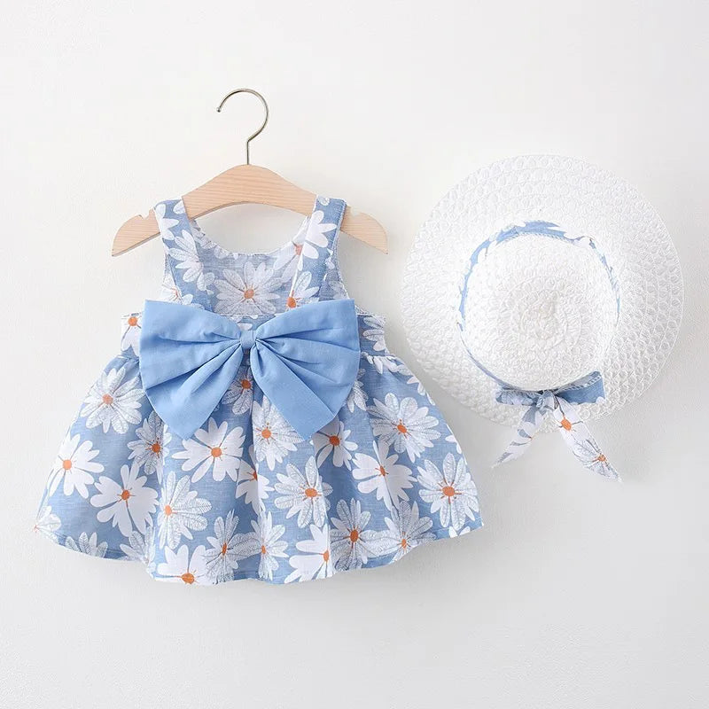 Summer New Girl Fashion Dress Small Chrysanthemum Hanging Strap Big Bow Princess Dress Party Dress 0-3 Years Old