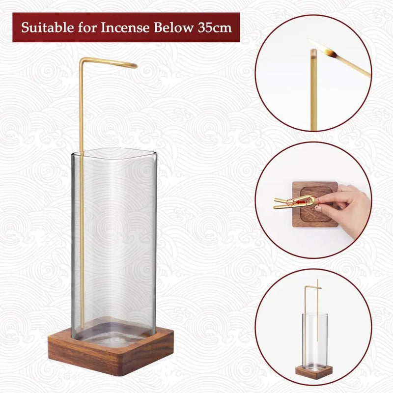 Modern Incense Burner With Glass Ash Catcher, Anti-ash Flying Incense Sticks Holder Wood Base For Home Decor Yoga Meditation