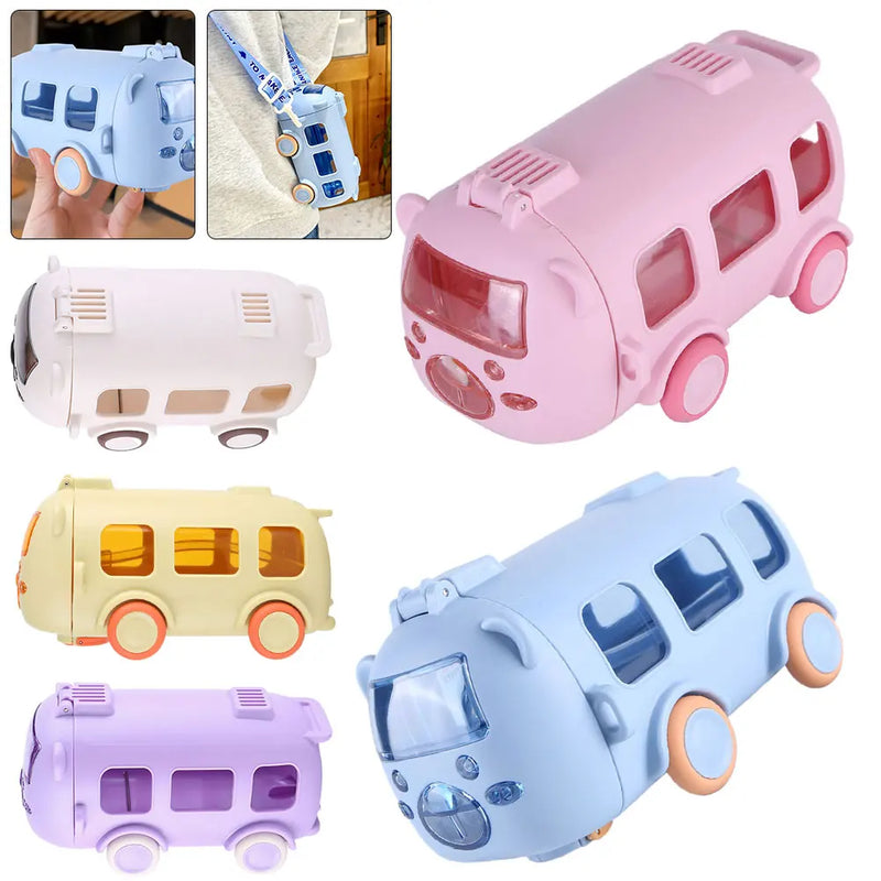 500ML Bus Shape Cute Car Water Bottle with Movable Wheels & Strap Plastic Drinking Bottle Leakproof for Boys Girls