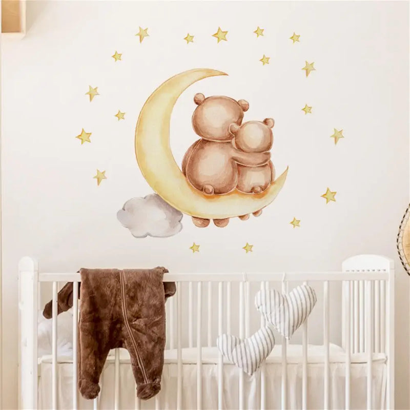 Moon Stars Wall Stickers Cartoon Teddy Bear Sleeping PVC Artistic Wall Decal For Kids Room Home Decoration Stickers Interior