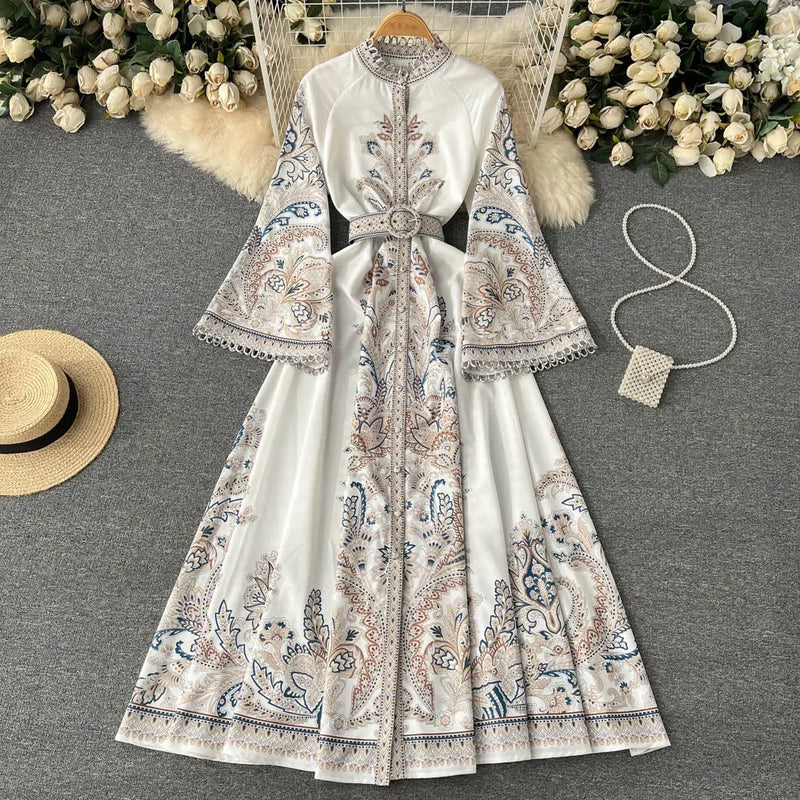 Neploe Spring Women Dress Flared Sleeve Single Breasted Long Lady Vestidos 2024 French O-neck Chic Robe with Belt