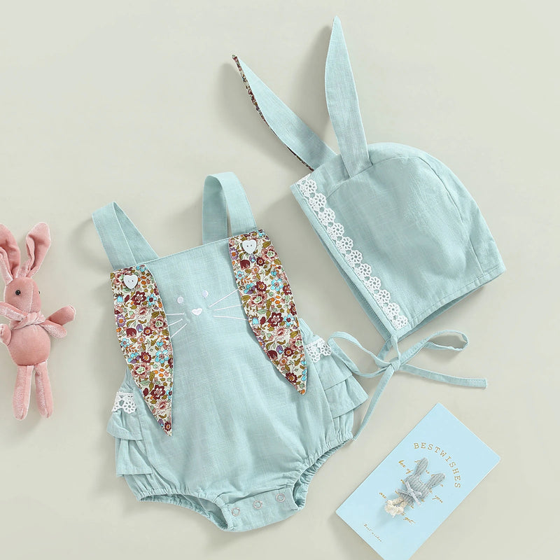 Citgeett Summer Easter Infant Baby Girls Casual Bodysuit Sleeveless Floral Print Bunny Playsuit Cartoon Hat Clothes