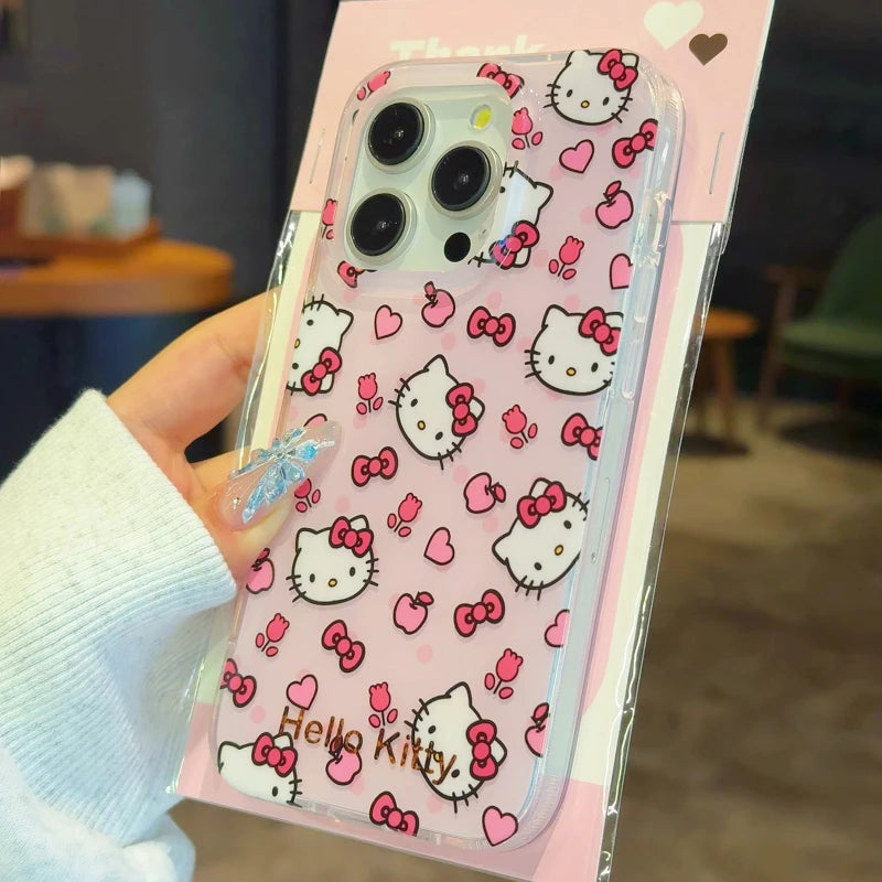 Sanrio Hello Kitty Full Screen Bow KT Phone Case For iPhone 15 14 12 13 11 Pro Max XR XS MAX 7 8 PLUS MINI Y2K Pink Flower Cover