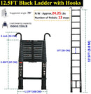3.8M Telescopic Ladder with hooks, 12.5FT Black Multi-Purpose Folding Aluminium Telescoping Ladder Foldable Ladder Extension