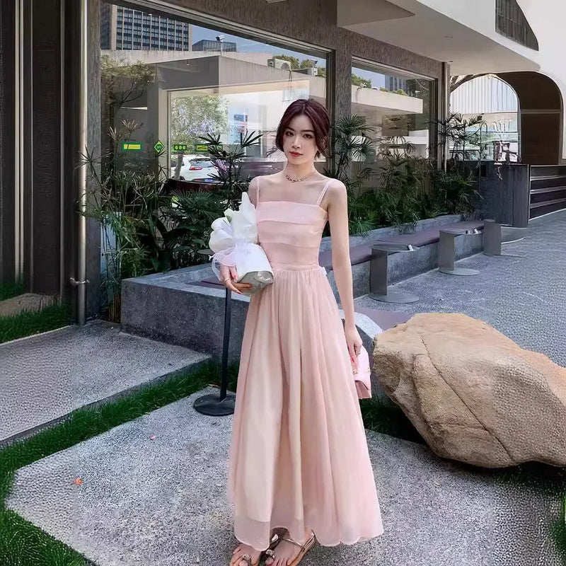 Pink Fairy Tank Dress 2024 New Style Women's Beach Vacation French Style Dress Sleeveless Summer Clothing Forest System