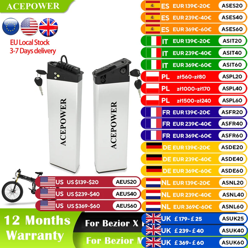 For Bezior X500/X500 pro/X1500/X1000/M26/XF200/X PLUS Folding Electric Bike 48V 52V Battery for Bezior ebike