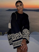 TRAFZA Women's Embroidery Patchwork Dress Long Sleeve Round Neck Tie Dress Casual Loose Commuter Holiday Travel Short Dresses