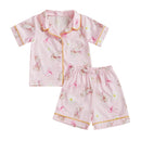 Kids Easter Satin Pajamas Set with Bunny Print Short Sleeve Lapel Button Down Tops and Shorts Sleepwear for Boys and Girls