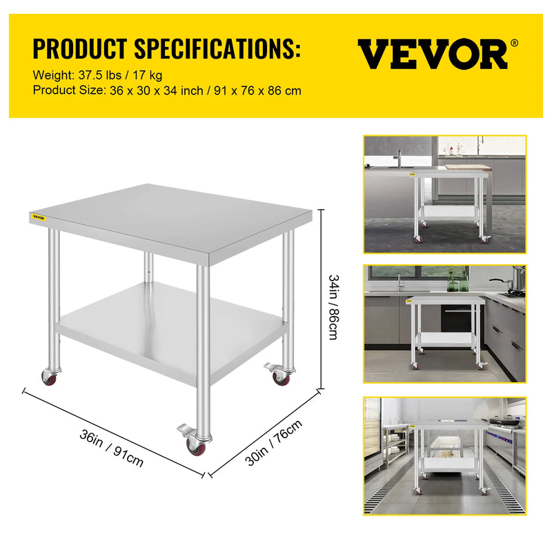 SucceBuy Stainless Steel Kitchen Worktable shelves Commercial Work Bench Table with Caster Wheels for Home Restaurant Storage