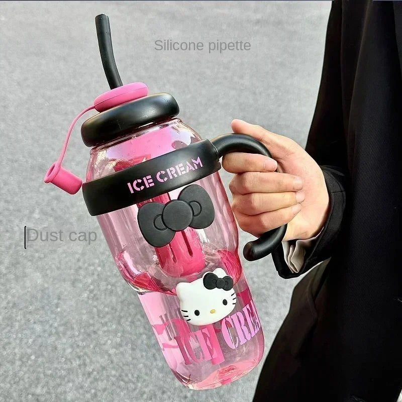 1300ML With Handle Water Bottle MINISO Hello Kitty Gym Large Capacity Straw Water Cup Kuromi My Melody Cartoon Children Cup Gift