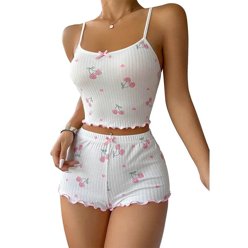 2-Piece Pajama Set for Women Cherry Print Bow Front Cami Top and Short Pajama Set Cute Soft Sleepwear