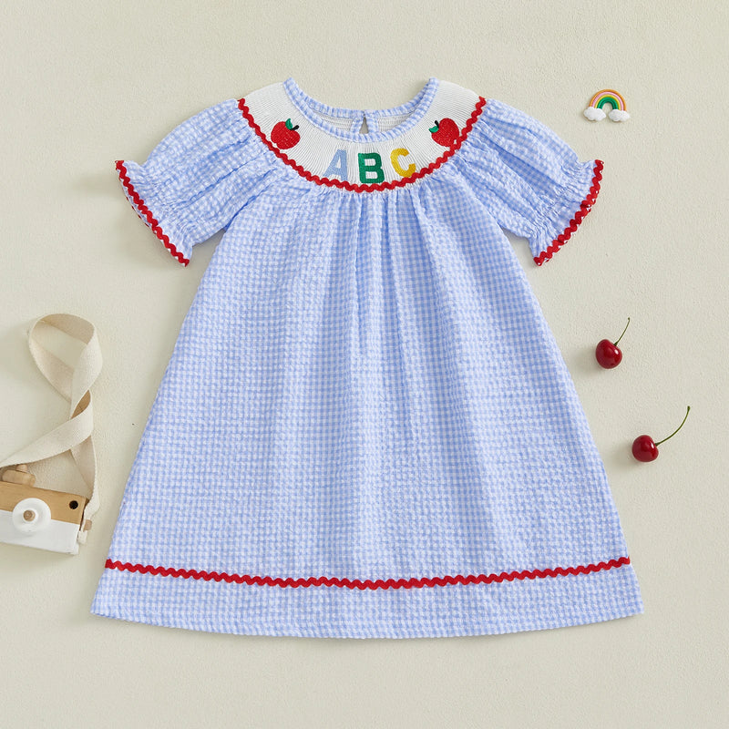 Girls Short Sleeve Plaid Embroidery Dress with Crew Neck Perfect Back-to-School Outfit for Summer Wear