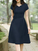 ANZEA 2025 Women Summer Work OL Midi Dresses Elegant V Neck Short Sleeve Dress Fashion Solid A Line Party Sundress Vestidos Robe