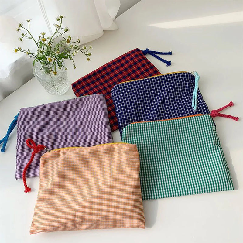 Korean Style Plaid Zipper Pencil Case Portable Office Desk Organizer Large Capacity Stationery Storage Pouch School Supplies