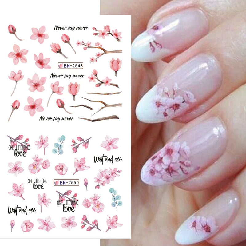 12 Design Sakura Flower Nail Water Stickers Pink Cherry Blossoms Nail Slider Decal Floral Leaves DIY Spring Manicure Decoration