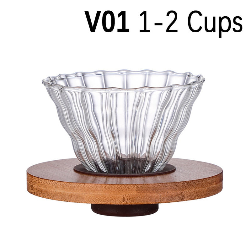 Coffee Dripper Glass Funnel Drip Coffee Maker V01 V02 Filter Transparent Reusable Pour Over Brewing Cup with Wooden Holder