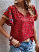 2024 Summer Floral Print Blouses For Women Fashion V Neck Short Sleeve Boho Beach Casual Tops Female Elegant Shirt New Womenes