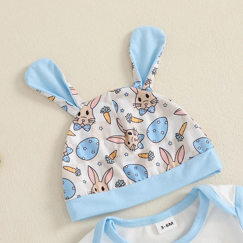 0-18M Baby Boy 3PCS Easter Outfits Short Sleeve Letter Romper with Bunny Egg Pattern Pants and Hat Newborn Sets