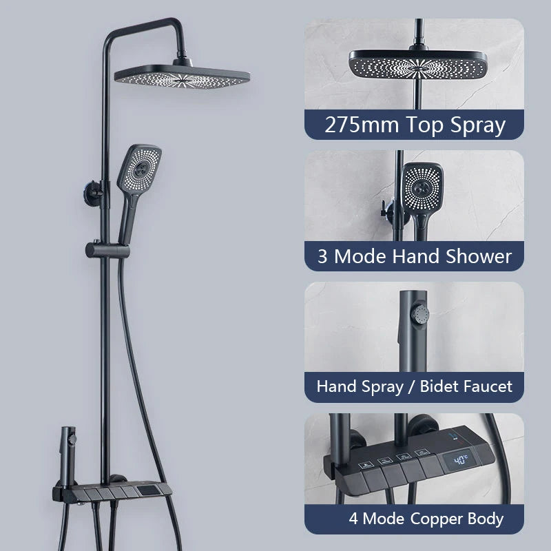 Top1 Piano Key Shower Set Gray Bathroom Digital Display Faucet Shower System Set Bathtub Hot and Cold 4 Functions Tap Shower Set