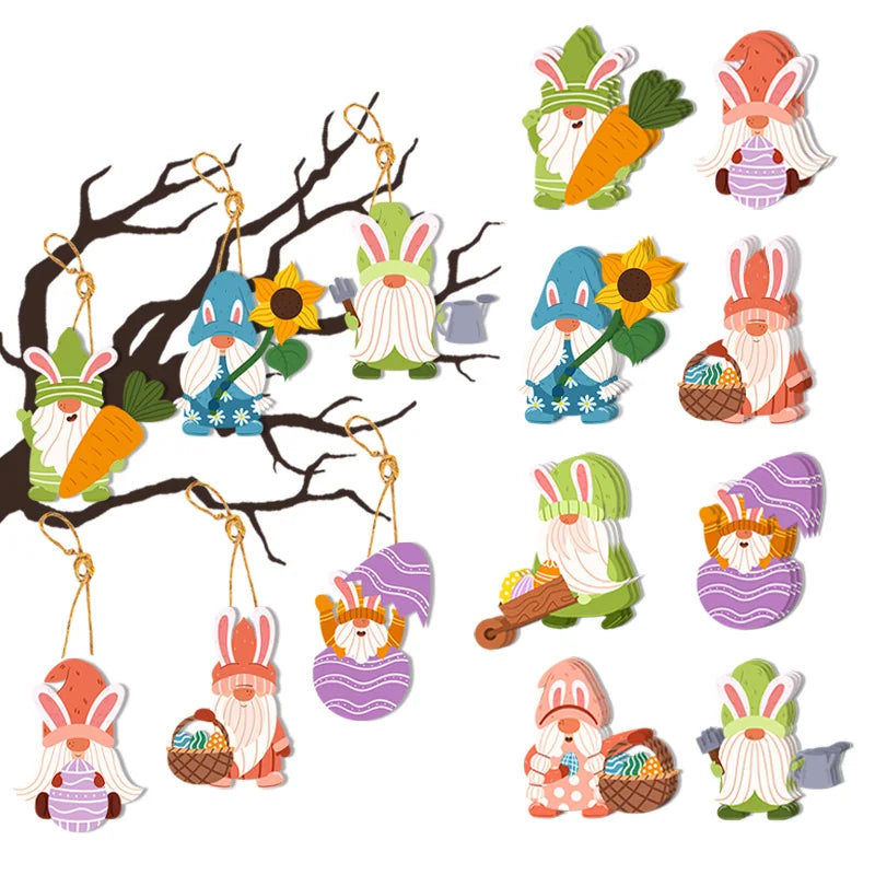 8/16pcs Easter Bunny Ornaments Easter Egg Gnome Carrot Paper Cards Decor Tree Hanging Pendant Spring Easter Decorations for home